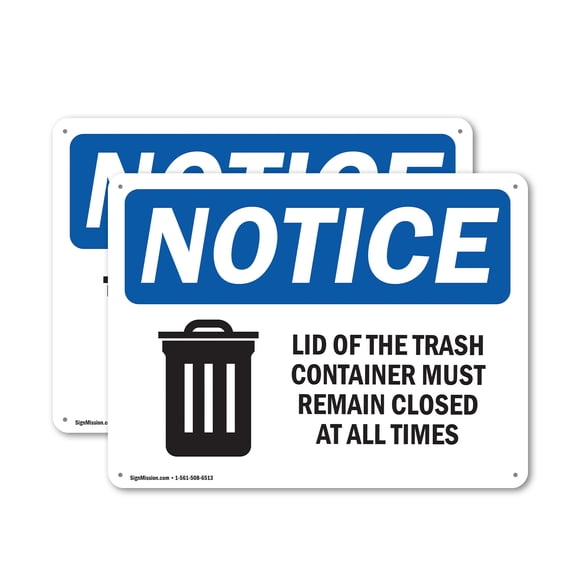 (2 Pack) Lid Trash Container Remain Closed All Times OSHA Notice Sign 18 Inch X 12 Inch Plastic Sign, Weather Resistant, UV Protected for Workplace, Business, and Construction Site,