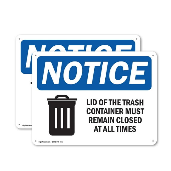 (2 Pack) Lid Trash Container Remain Closed All Times OSHA Notice Sign 18 Inch X 12 Inch Plastic Sign, Weather Resistant, UV Protected for Workplace, Business, and Construction Site,