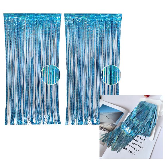 2 Pack Light Blue Color Tinsel Backdrop 39in x 79in , Metallic Foil Backdrop Fringe Curtains Party Streamer, Party Decorations Photo Backdrop for Birthday