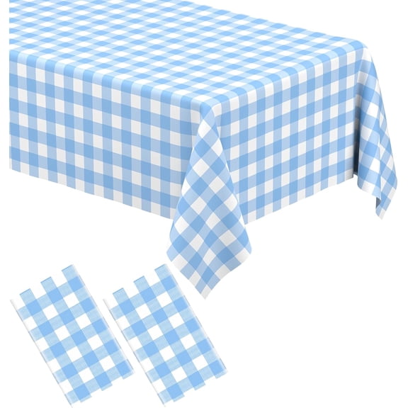 2 Pack Light Blue Gingham Tablecloth Rectangular Pale and White Checkered Tablecloths Disposable Plastic Plaid Table Cover for Parties, Outdoor Picnic, Birthday, Wedding, Camping 54 108 Inch