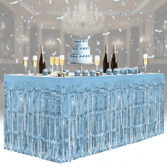 2 Pack Light Blue Metallic Foil Tinsel Fringe Table Skirts, 29x108 Inches, for Rectangle Tables, Party Decorations, Backdrop, Streamer Curtains for Birthdays, Weddings, and Holiday Celebrations