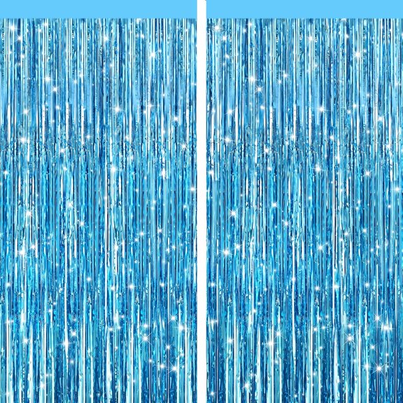 2 Pack Light Blue Shiny Metallic Tinsel Foil Fringe Curtains, Glitter Door Streamer Photo Booth Backdrop, Decorative Tinsel Curtain for Birthday, Bachelorette & Christmas Parties