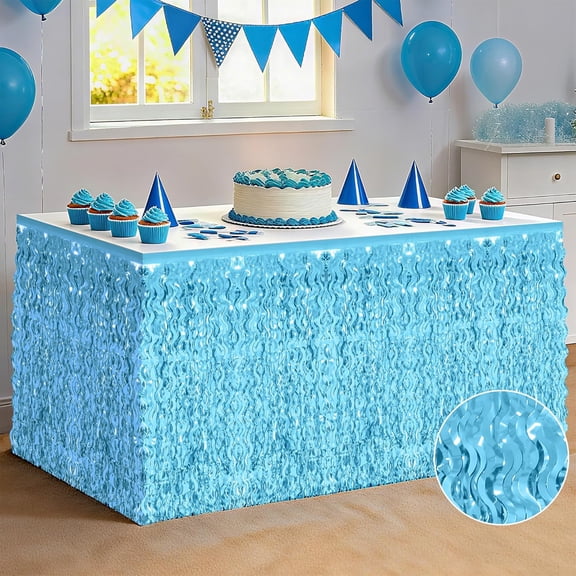 2 Pack Light Blue Table Skirt, Gender Reveal Desk Grass Skirt for Table, Under The Sea Party Wavy Tinsel Foil Fringe Table Skirts, Foil Table Skirts Oktoberfest Birthday Indoor Party Decor