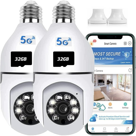 2 Pack Light Bulb Security Camera, 360 Degree PTZ2.4GHz & 5G WiFi Camera, Wireless Home Indoor and Outdoor Camera + 32GB SD Card (Two), APP Access, Motion Detection Alarm, Local and Cloud Storage