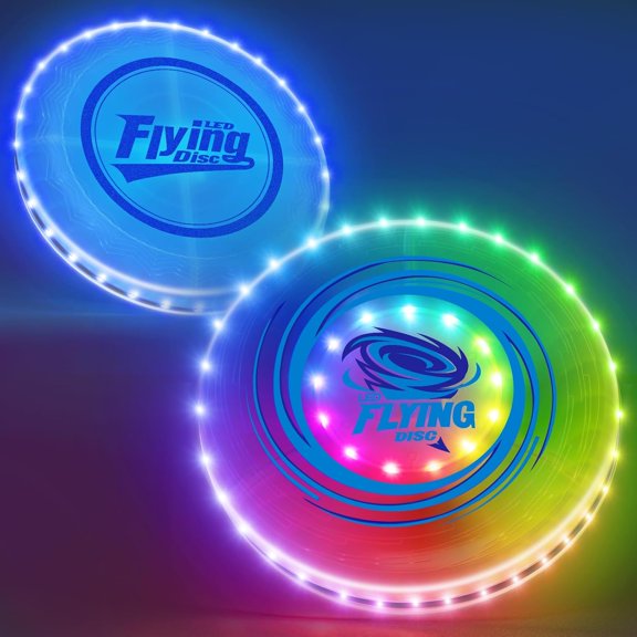 2 Pack Light up Flying Discs for Kids, Rechargeable Disc with 45 LEDs, 14 Lighting Modes(10")&Built-in Battery Disc(7.8"), Glow in The Dark Ring for Beach/Camping/Outdoor Sport