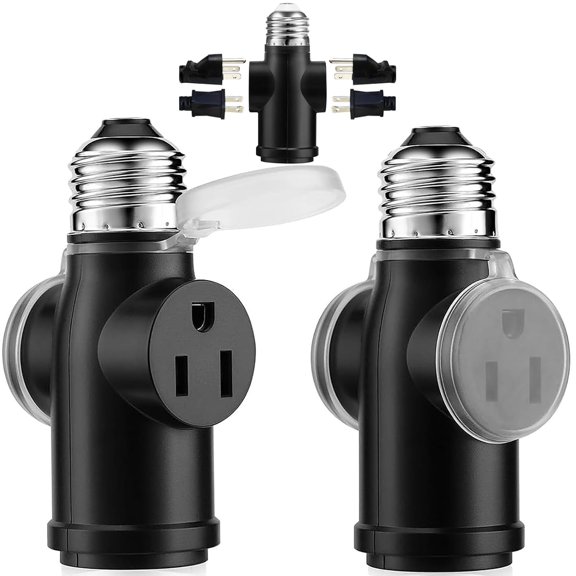 2-Pack Light Socket Outlet Adapter Convert E26 Socket to 3-Prong Plug Outlet with Bulb Socket Kept, Dust-Proof Cover, Flame Retardant PBT, Indoor & Outdoor Use, Black