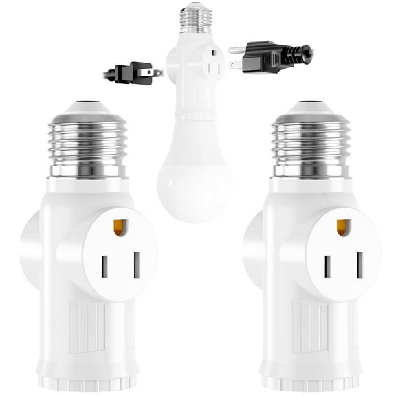 2-Pack Light Socket to Plug Adapter,E26/E27 3 Prong Light Socket Adapter with 2 AC Outlets and 1 E26 Socket,Light Socket Outlet Adapter for Garage Porch Security Camera Home Office,White