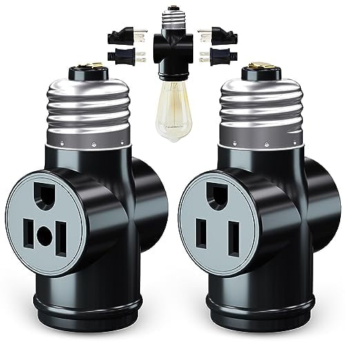 2 Pack, Light Socket to Plug Adapter, Convert E26 Light Socket to 3-Prong Outlet Adapter and Light Bulb Socket (Black)