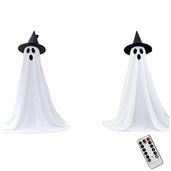 2 Pack Light Up Standing Ghost Halloween Yard Decor with Remote, Witch Hat White Fabric Ghost Porch Lawn Lights, Tall Spooky Ghost Outdoor Halloween Decorations,A