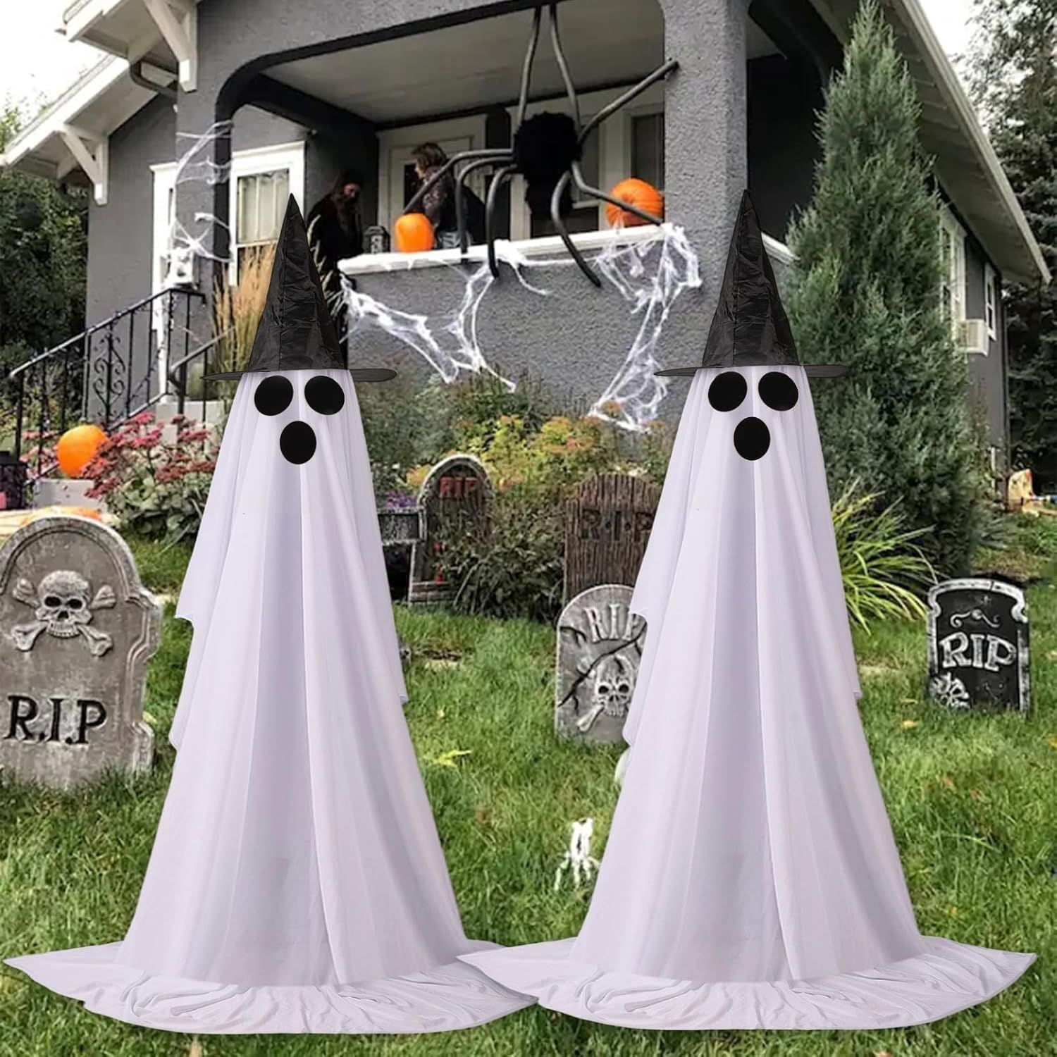 2 Pack Light Up Ghost Decorations with Remote Control Timer for Outdoor Halloween Yard