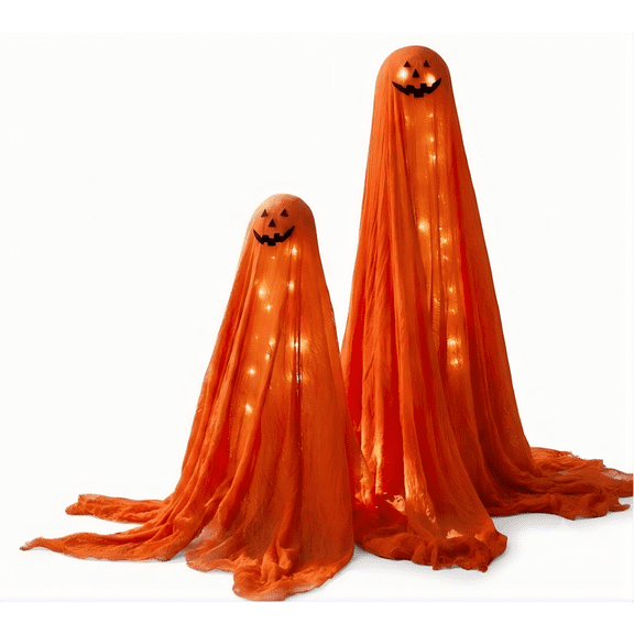 2-Pack Light-Up Orange Jack-O'-Lantern Ghost Halloween Decoration, 2-in-1 Standing Fabric Pumpkin Ghost Figurine, Spooky & Cute LED Glowing Prop for Front Door, Porch & Entryway Yard Display