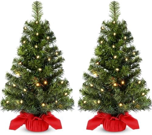 2 Pack Lighted Artificial Mini Christmas Tree 24 Inch Tabletop ...
