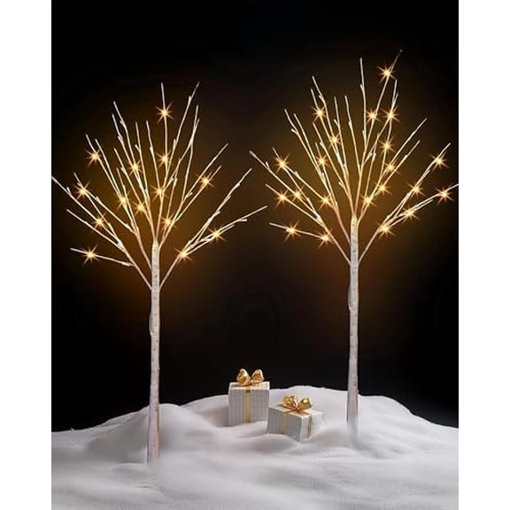 2 Pack Lighted Birch Tree, 4 FT Total 96 LED Pre-lit Artificial Christmas Trees for Thanksgiving Christmas Decorations Indoor Outdoor Home Festival Wedding Party, Warm White