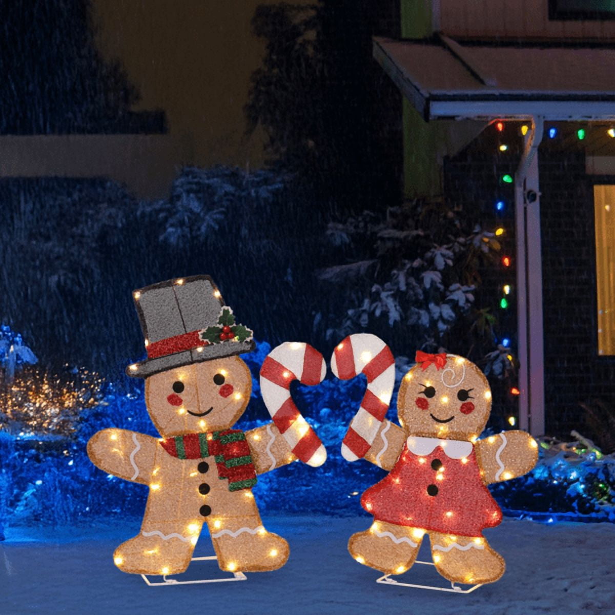 2-Pack Lighted Christmas Gingerbread Man Decorations, 80 Warm White LEDs, Weather-Resistant, Collapsible for Indoor/Outdoor Use