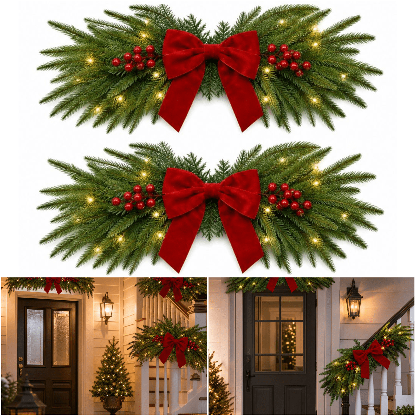 2 Pack Lighted Christmas Greenery Swag Artificial Pine Swags Decorated ...