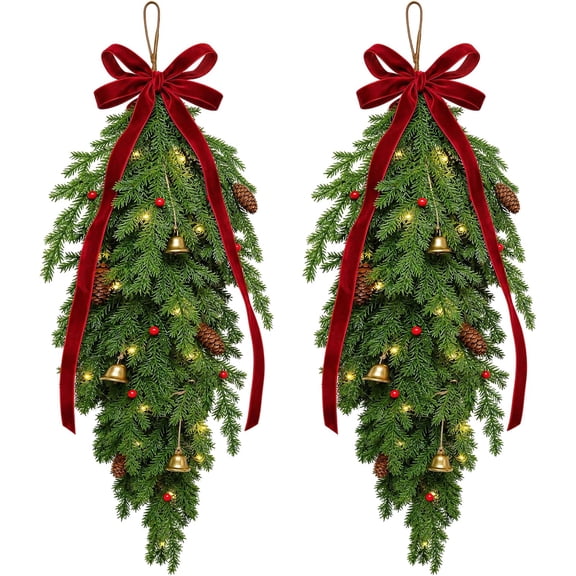 2 Pack Lighted Christmas Teardrop Swag, Real Touch Norfolk Pine Christmas Wreath Holiday Decor
