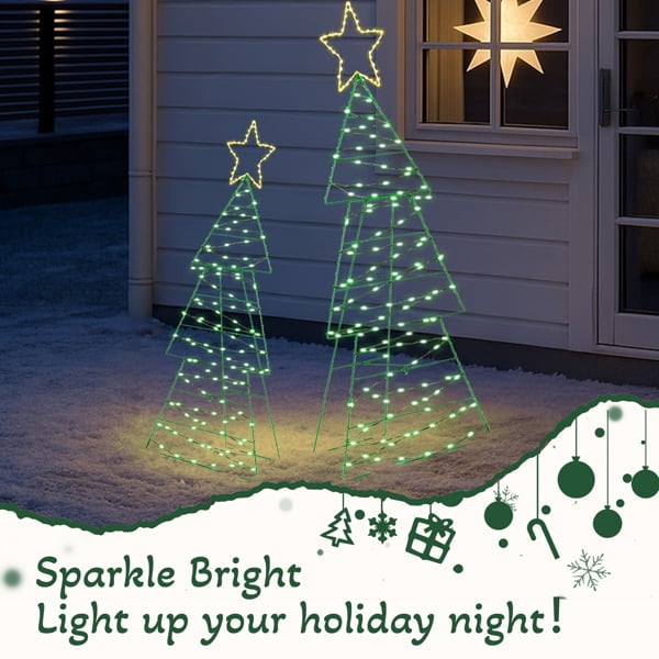 2-Pack Lighted Christmas Trees, 150 Warm White LEDs, Metal Wire Frame with Star Topper, for Indoor, Outdoor Porch, Garden Decor