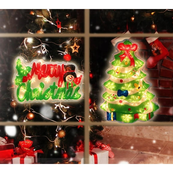 2-Pack Lighted Christmas Window Silhouette Decorations | "Merry Christmas" & Christmas Tree Designs | Indoor Decor for Window, Glass Wall