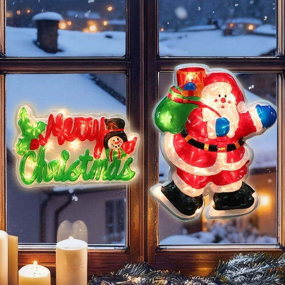 2-Pack Lighted Christmas Window Silhouette Decorations | "Merry Christmas" & Santa Claus Designs | Indoor Decor for Window, Glass Wall