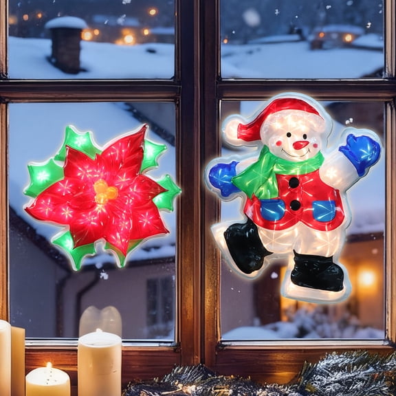 2-Pack Lighted Christmas Window Silhouette Decorations | Snowman & Poinsettia Flower Designs | Indoor Decor for Window, Glass Wall