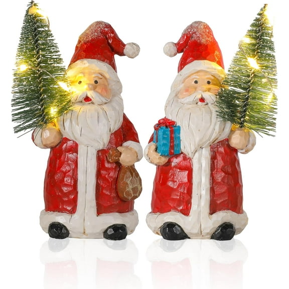 2-Pack Lighted Santa Resin Figurines with Christmas Trees, 5" Mini Christmas Decorations, Battery Powered Warm White LED Hand-Painted Tabletop/Mantel Holiday Decor Gifts (Red Santa)