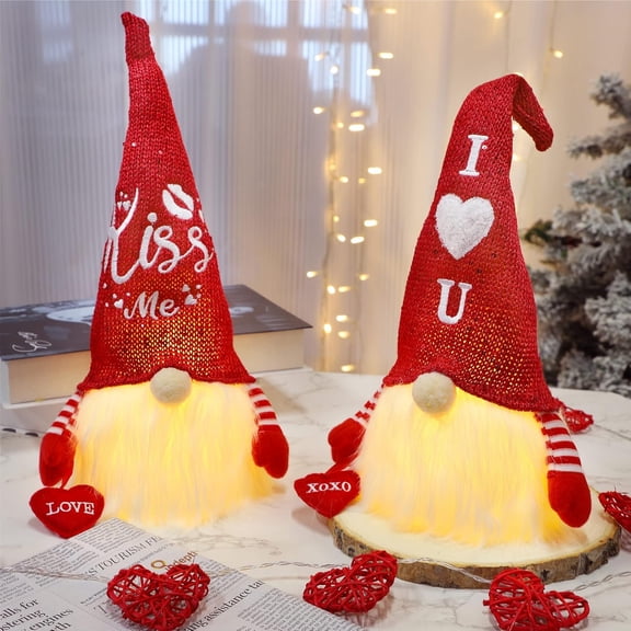 2 Pack Lighted Valentines Gnomes Decorations, 14.5 Inch Handmade Scandinavian Swedish Tomte, Light Up Elf Toy Holiday, Battery Operated Valentine Gift Tabletop Ornament