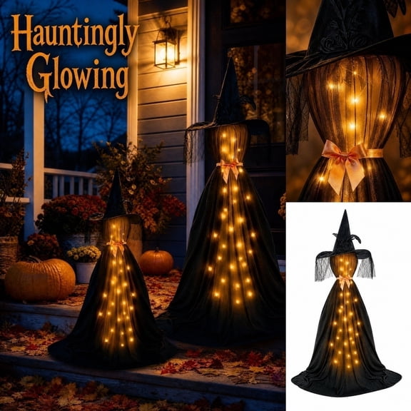 2 Pack Lighted Witch Silhouette Standing Ornaments, Soft Fabric Halloween Seasonal Floor Decor, Warm LED Glow Indoor & Covered Porch Display, 3FT & 6FT Two Sizes Set