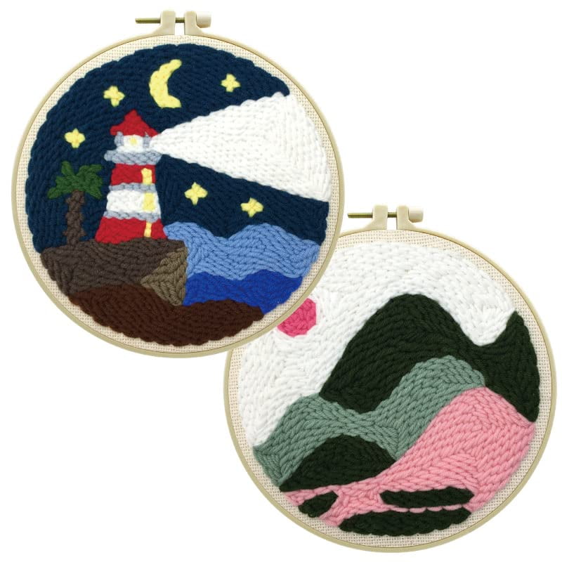 2 Pack Lighthouse,Hills Easy Punch Needle Embroidery Starter Kits for Kids and Adults Beginners with Punch Needle Tool,Threader, Stamped Fabric Embroidery,Hoop,Pen, Punch Needle Kits