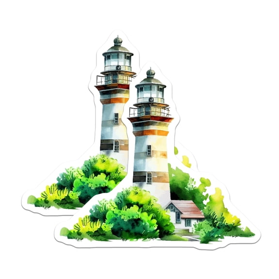 (2 Pack) Lighthouse Stickers - Watercolor Coastal Scene - Nautical Beach Art - 5" On Longest Side - Sticks to Smooth Flat Surfaces - Made in USA - BMCS20023