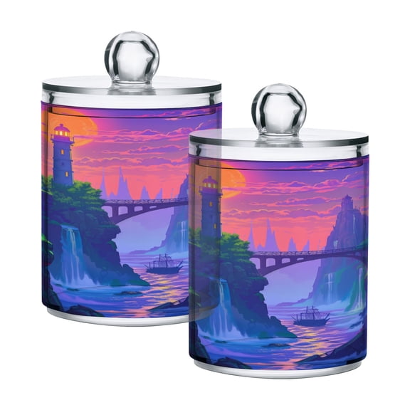 2 Pack Lighthouse and Bridge on Sunset Qtip Holder Dispenser Clear Plastic Storage Apothecary Jars for Cotton Swabs Balls Pads Floss