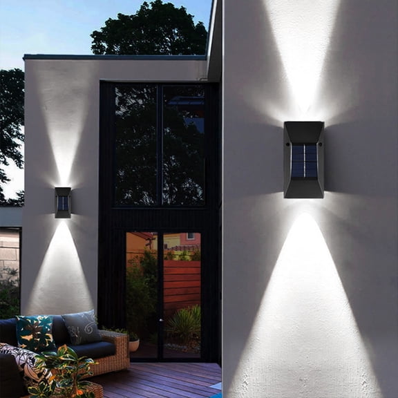 2-Pack Up and Down Lighting Solar Wall Lights, IP65 Waterproof Modern LED Sconce Auto Charging Outdoor Decor Lamp for Garden Porch Patio Courtyard Balcony