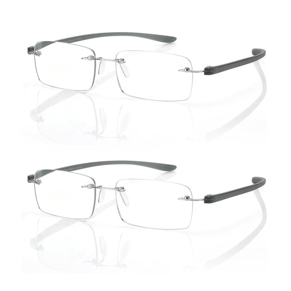 2 Pack Lightweight Frameless Progressive Multifocus Reading Glasses Men, TR90 Rimless Blue Light Blocking Computer Readers Anti Eye Strain/UV No-Line Rectangular Multifocal Eyeglasses