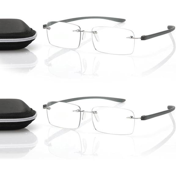 2 Pack Lightweight Frameless Progressive Multifocus Reading Glasses Men, TR90 Rimless Blue Light Blocking Computer Readers Anti Eye Strain/UV No-Line Rectangular Multifocal Eyeglasses, 2.25x