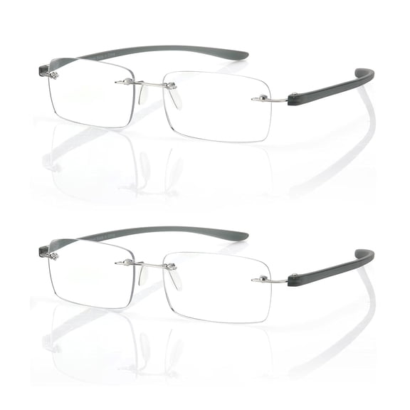 2 Pack Lightweight Frameless Progressive Multifocus Reading Glasses Men, TR90 Rimless Blue Light Blocking Computer Readers Anti Eye Strain/UV No-Line Rectangular Multifocal Eyeglasses