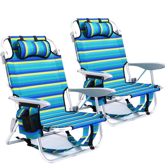 2 Pack Lightweight Portable Beach Chair For Adults, Multi Position Folding Camping Chair with Backpack Straps, Lay Flat Outdoor Lounge Chair with Towel Bar Zipper Pouch Cup Holder, Ocean Striped