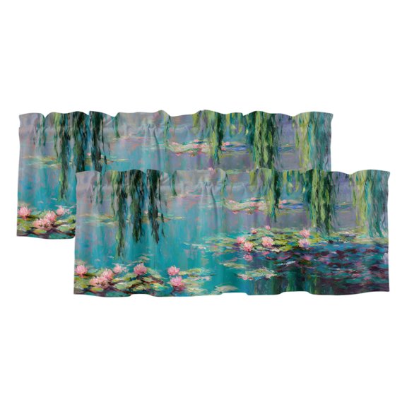 2 Pack Lily Pond Valance for Window Flowers Hanging Willows Pink Blooms Impressionist Kitchen Valance Rod Pocket Short Curtain Topper Decorative Window Treatment for Living Room Bedroom 42"x12"