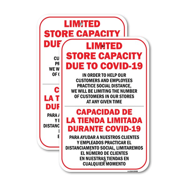 (2 Pack) Limited Store Capacity Due To Spanish | 12" X 18" Heavy-Gauge Aluminum Sign | Rust Free Aluminum, Weather Resistant, Waterproof, Fade Resistant, 2 Pre-drilled Holes