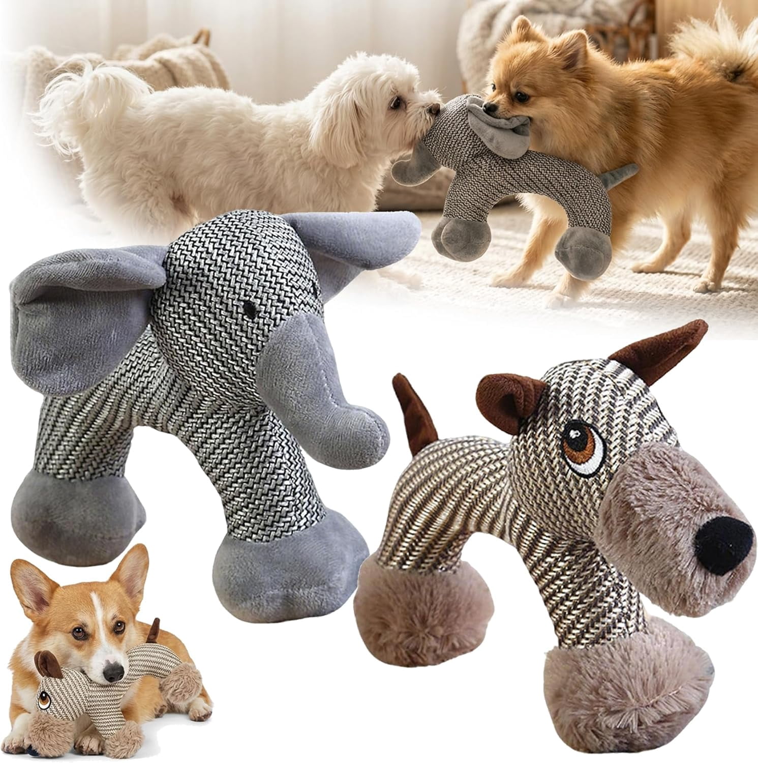 2-Pack Linen Dog Chew Toys - Safari Companions Animal Shaped Natural Linen Chew Toys for Teething Puppies & Small Breed Dogs-yj