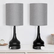 2-Pack Linen Shade Charging Table Lamps - Bedside Lamps with USB Ports, AC Outlet & Pull Chain for Bedroom & Living Room