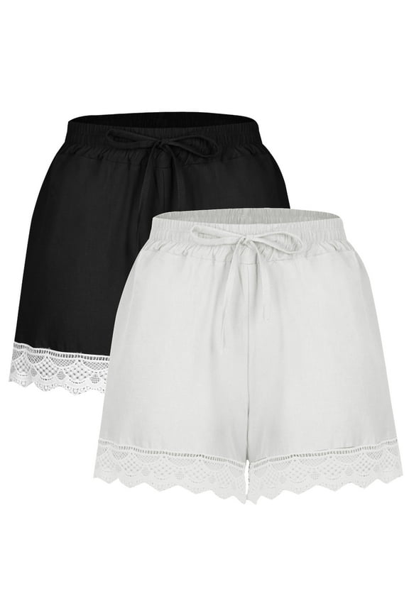 2 Pack Linen Summer Shorts Lace Hem Drawstring Sweatshorts Elastic Waist Womens Lounge Loose Pajama Bottoms Plus Size (4XL, White #A)