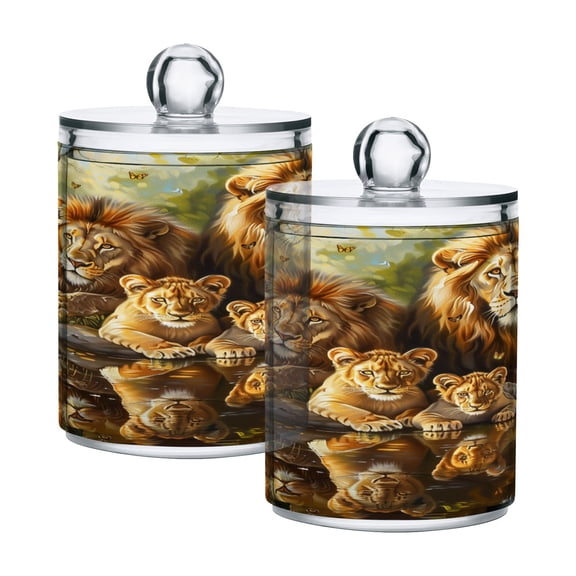 2 Pack Lion Family Sitting by Water Qtip Holder Dispenser Clear Plastic Storage Apothecary Jars for Cotton Swabs Balls Pads Floss