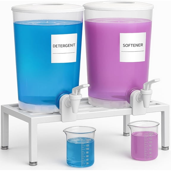 2-Pack Liquid Laundry Detergent Dispenser, 118 fl oz/3.5L Laundry Room Soap Dispenser with Leak-Proof Spigot, Plastic Containers for Fabric Softener, Bleach with Stand, Labels, Measuring Cups