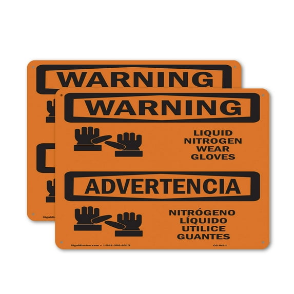 (2 Pack) Liquid Nitrogen Wear Gloves Bilingual OSHA Warning Sign 14 Inch X 10 Inch Indoor / Outdoor Rust-Free Aluminum Metal Signs for Workplace, Workshop, and Construction Site, Made