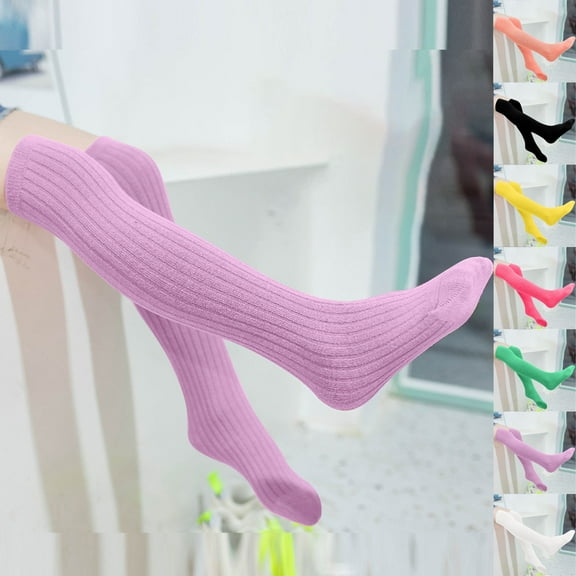 2 Pack Little Girls Socks Cotton Thigh-High Stockings 3-12 Years Toddle Kids Solid Stretchy Over the Knee Long School Uniform Tube-Sock Hosiery