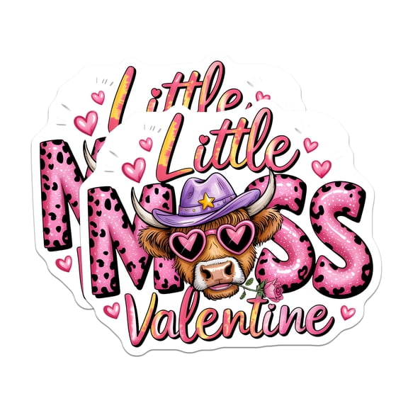 (2 Pack) Little Miss Valentine Stickers - Highland Cow Decals - Cute Western Animal Decor - Pink Leopard Print Aesthetic - 5" On Longest Side - Sticks to Smooth Flat Surfaces - Made in USA - BMCS29574