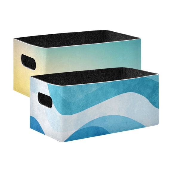 2 Pack Living Room Bed Room Felt Storage Baskets Boxes Foldable Organizer With Handles Abstract Blurred Background wavy Pattern in Blue and White