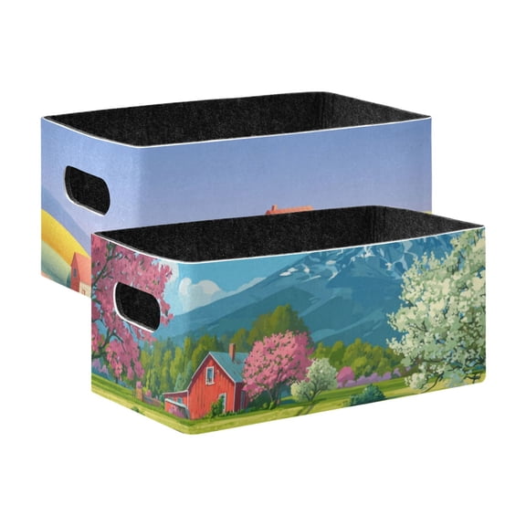 2 Pack Living Room Bed Room Felt Storage Baskets Boxes Foldable Organizer With Handles Abstract Flat Landscape orchard in Bloom Barn