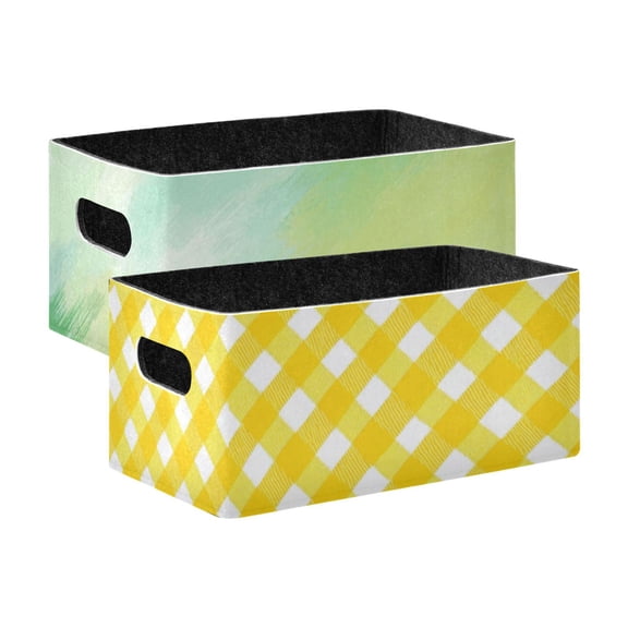 2 Pack Living Room Bed Room Felt Storage Baskets Boxes Foldable Organizer With Handles Abstract Green Watercolor yellow Gingham Pattern