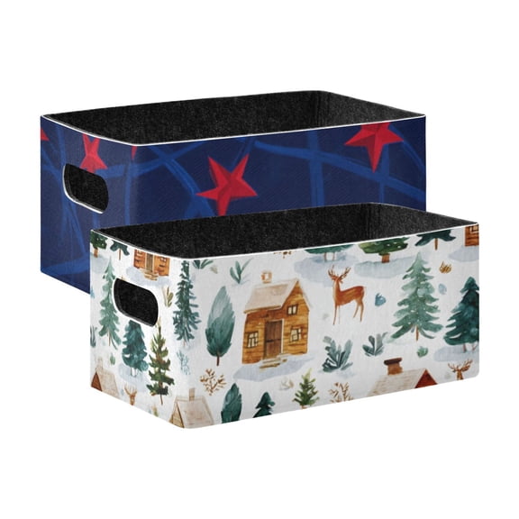 2 Pack Living Room Bed Room Felt Storage Baskets Boxes Foldable Organizer With Handles Blue Stripes wooden Houes Pine Trees