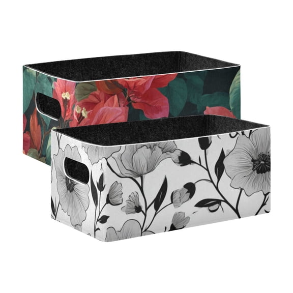 2 Pack Living Room Bed Room Felt Storage Baskets Boxes Foldable Organizer With Handles Bougainvillea black and White Flowers
